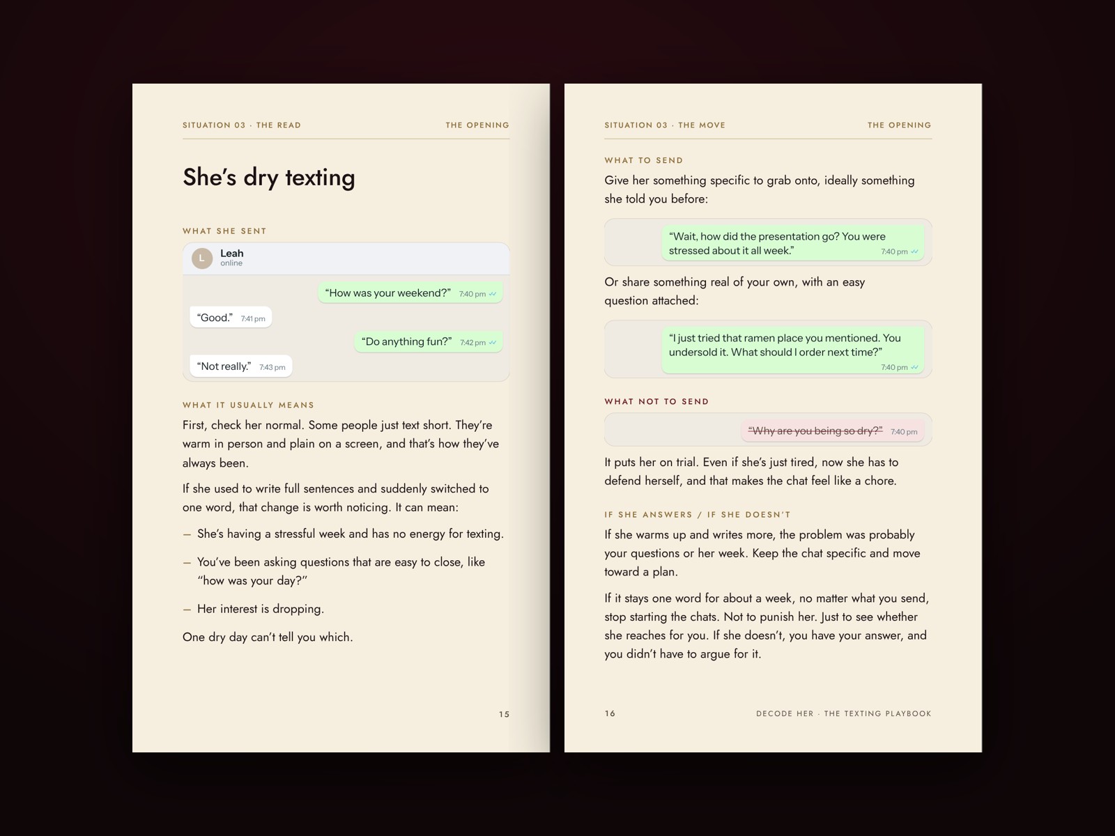 Two inside pages: She’s dry texting, the read and the move