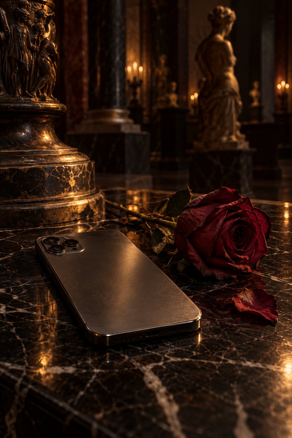 A phone lying face-down on black marble beside a single red rose