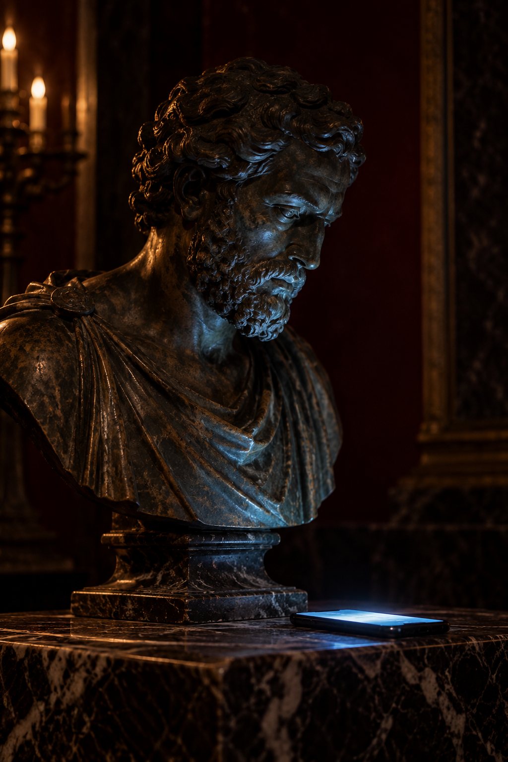 A bronze bust in a dark museum, lit only by a phone screen on its plinth