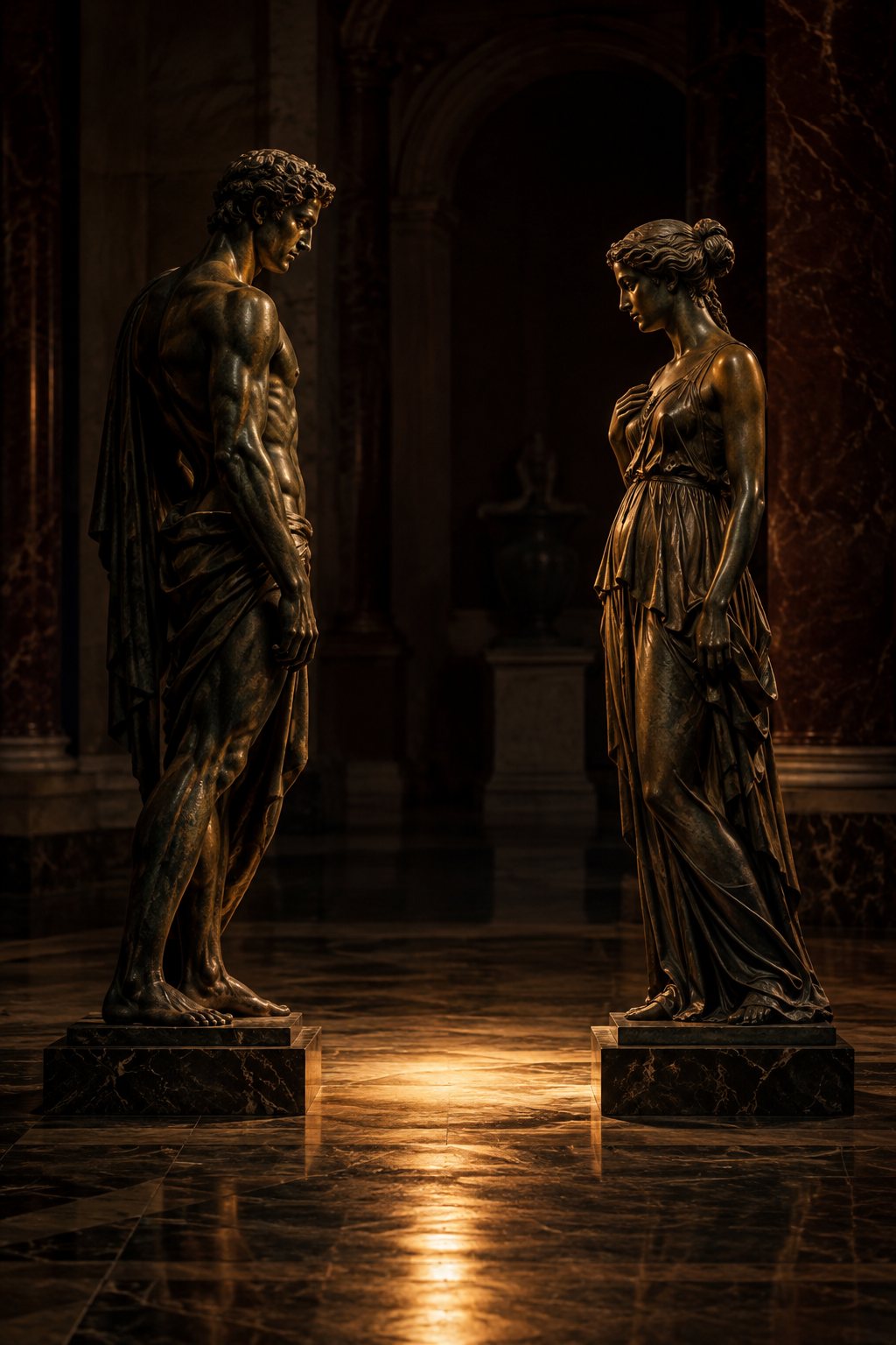 Two bronze statues, a man and a woman, facing each other in a dark gallery